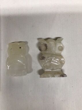 Onyx White Cream Owl Pair Carved Stone Sculptures